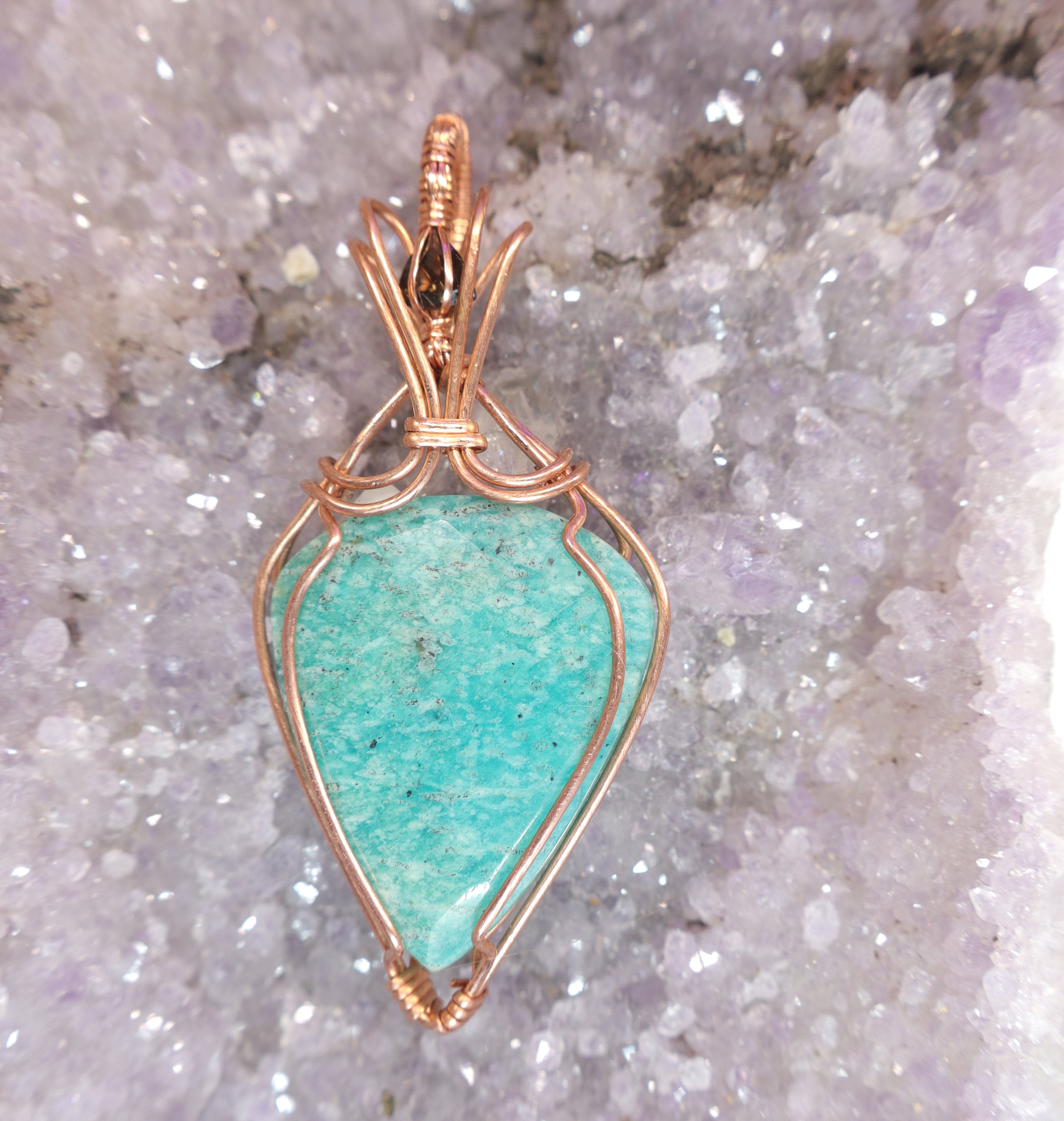 Wire Wrapped Amazonite With Smoky Quartz Faceted Accent Stone