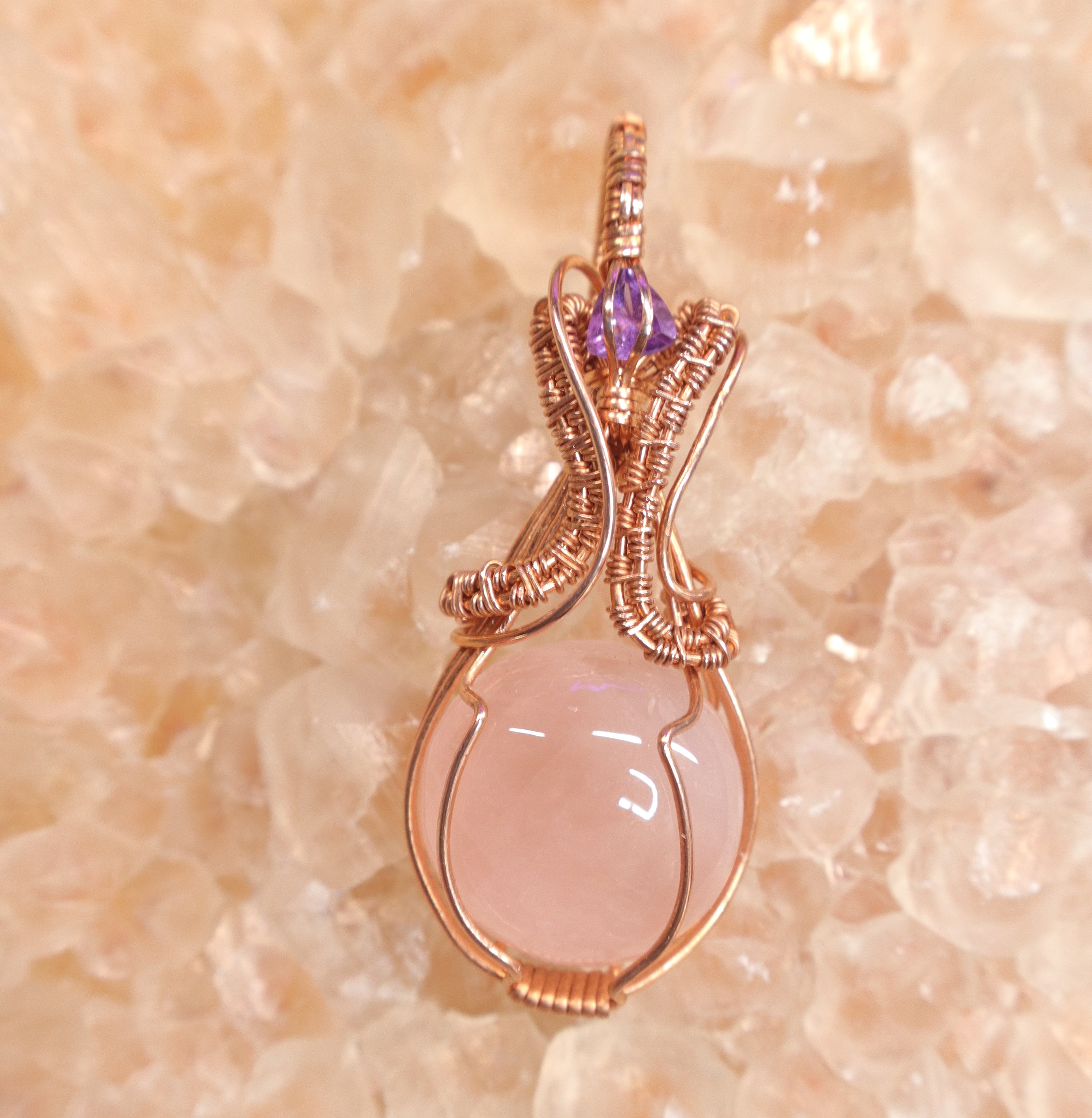 Wire Wrapped Rose Quartz and AmethystFaceted Accent Stone