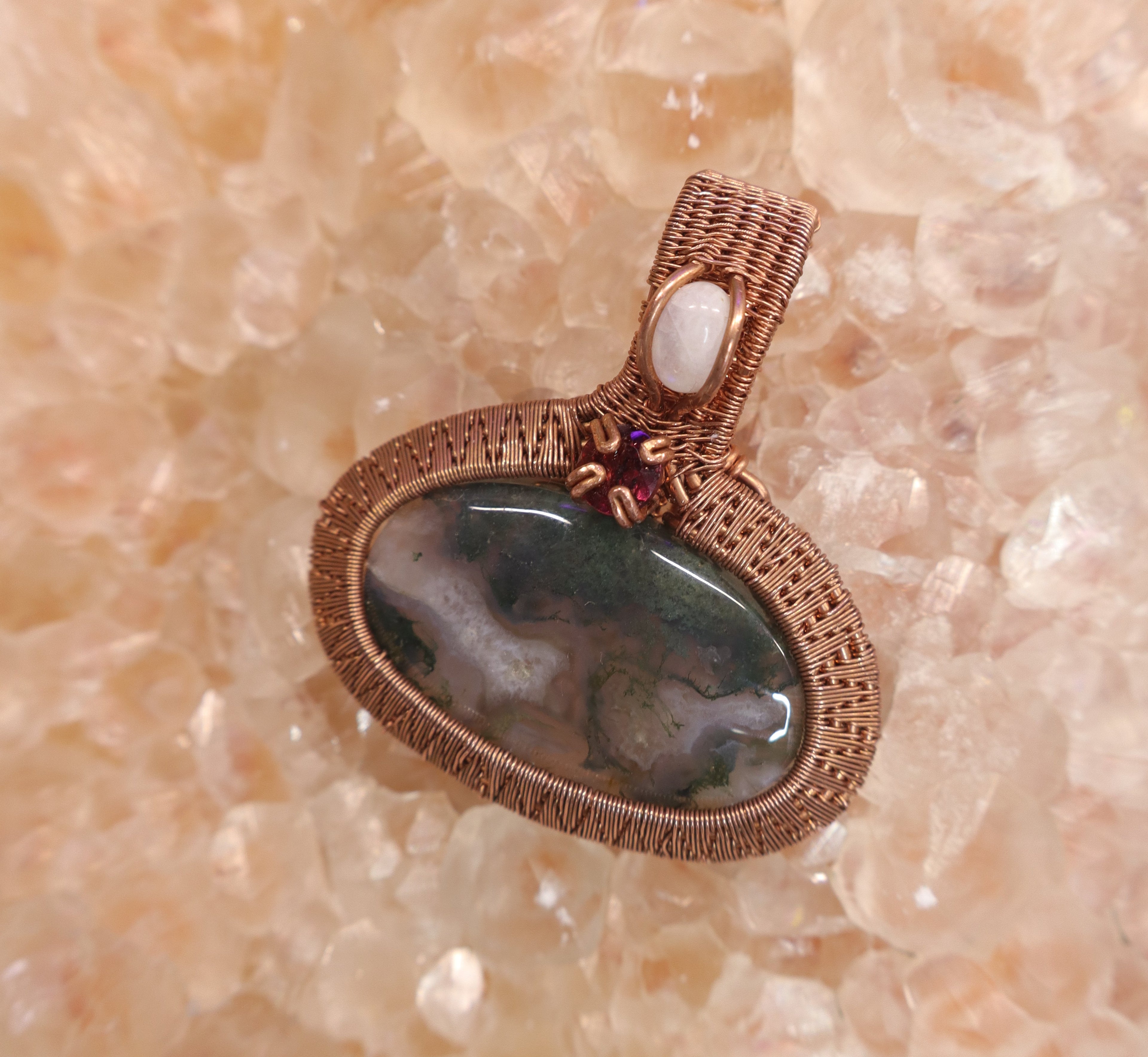 Wire Wrapped Moss Agate With Garnet Faceted Accent Stone and Moonstone Mini Cabachon