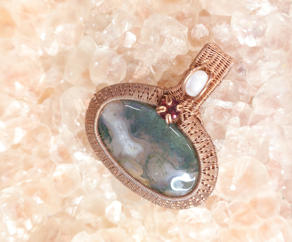 Wire Wrapped Moss Agate With Garnet Faceted Accent Stone and Moonstone Mini Cabachon