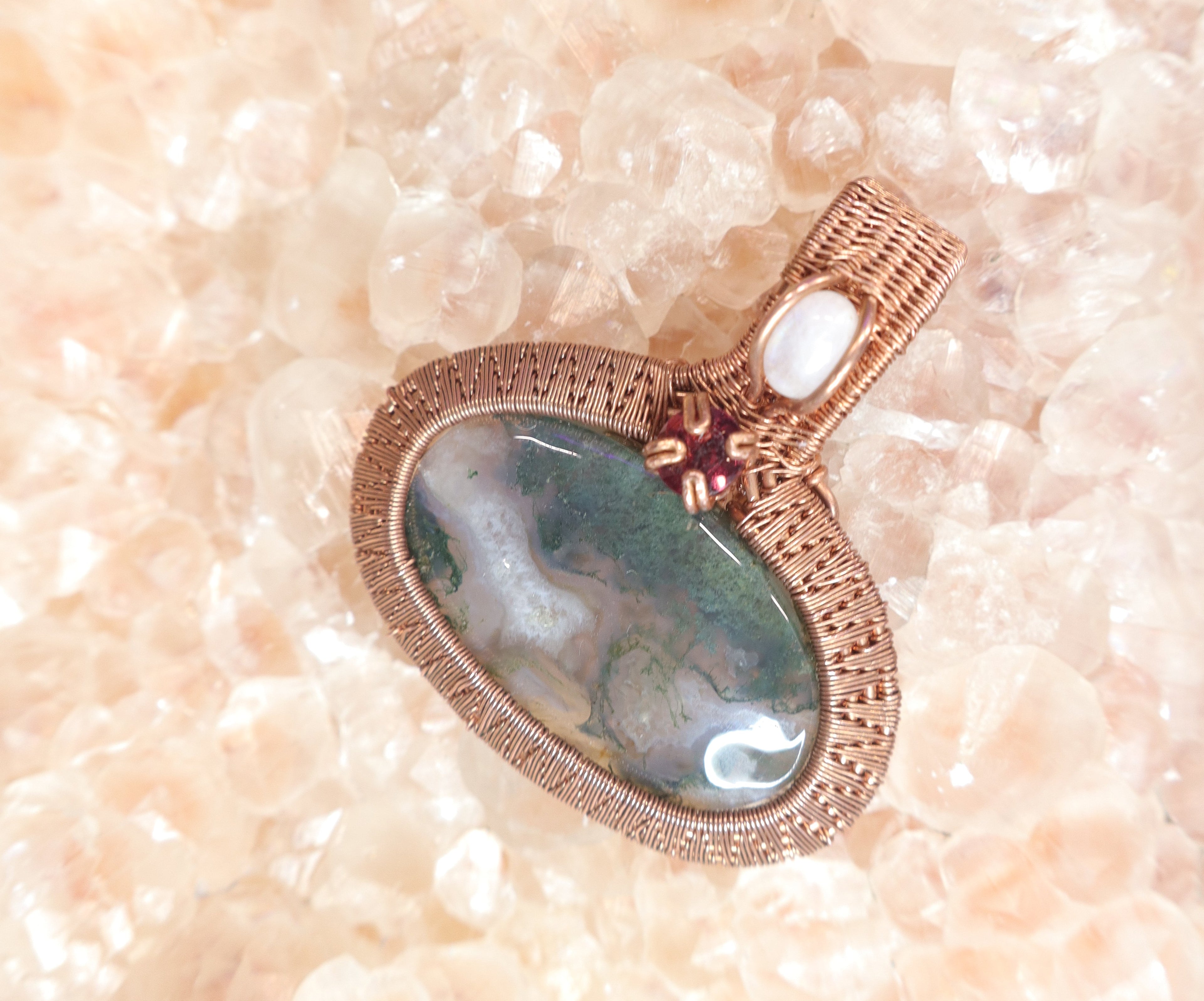 Wire Wrapped Moss Agate With Garnet Faceted Accent Stone and Moonstone Mini Cabachon