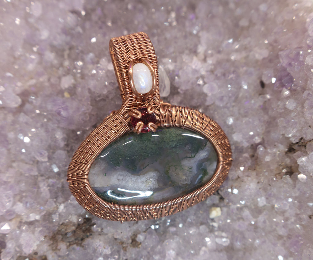 Wire Wrapped Moss Agate With Garnet Faceted Accent Stone and Moonstone Mini Cabachon