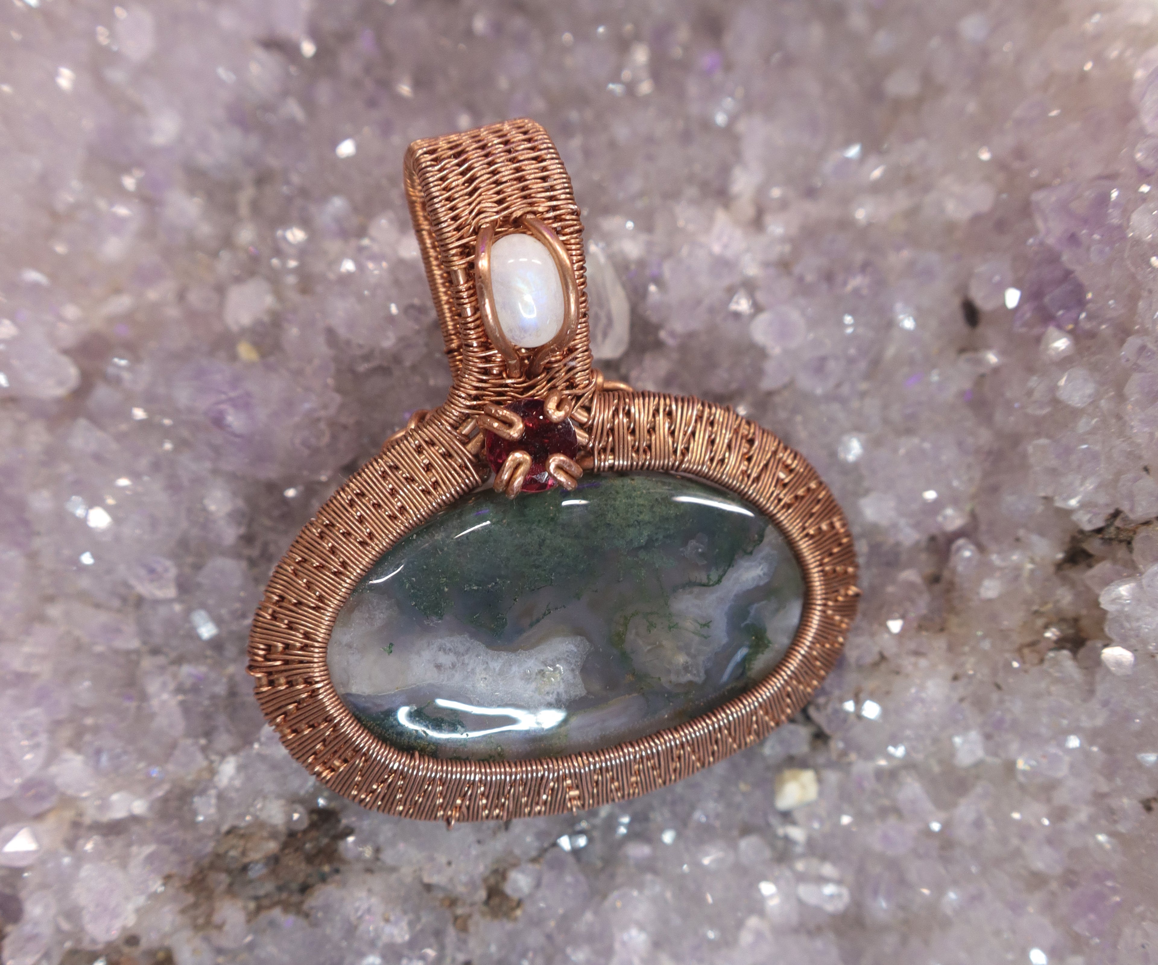 Wire Wrapped Moss Agate With Garnet Faceted Accent Stone and Moonstone Mini Cabachon