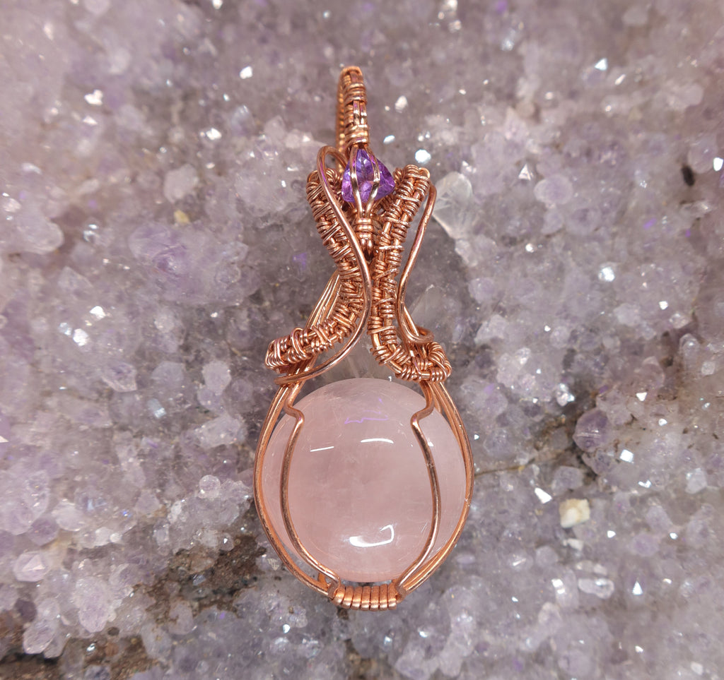 Wire Wrapped Rose Quartz and AmethystFaceted Accent Stone