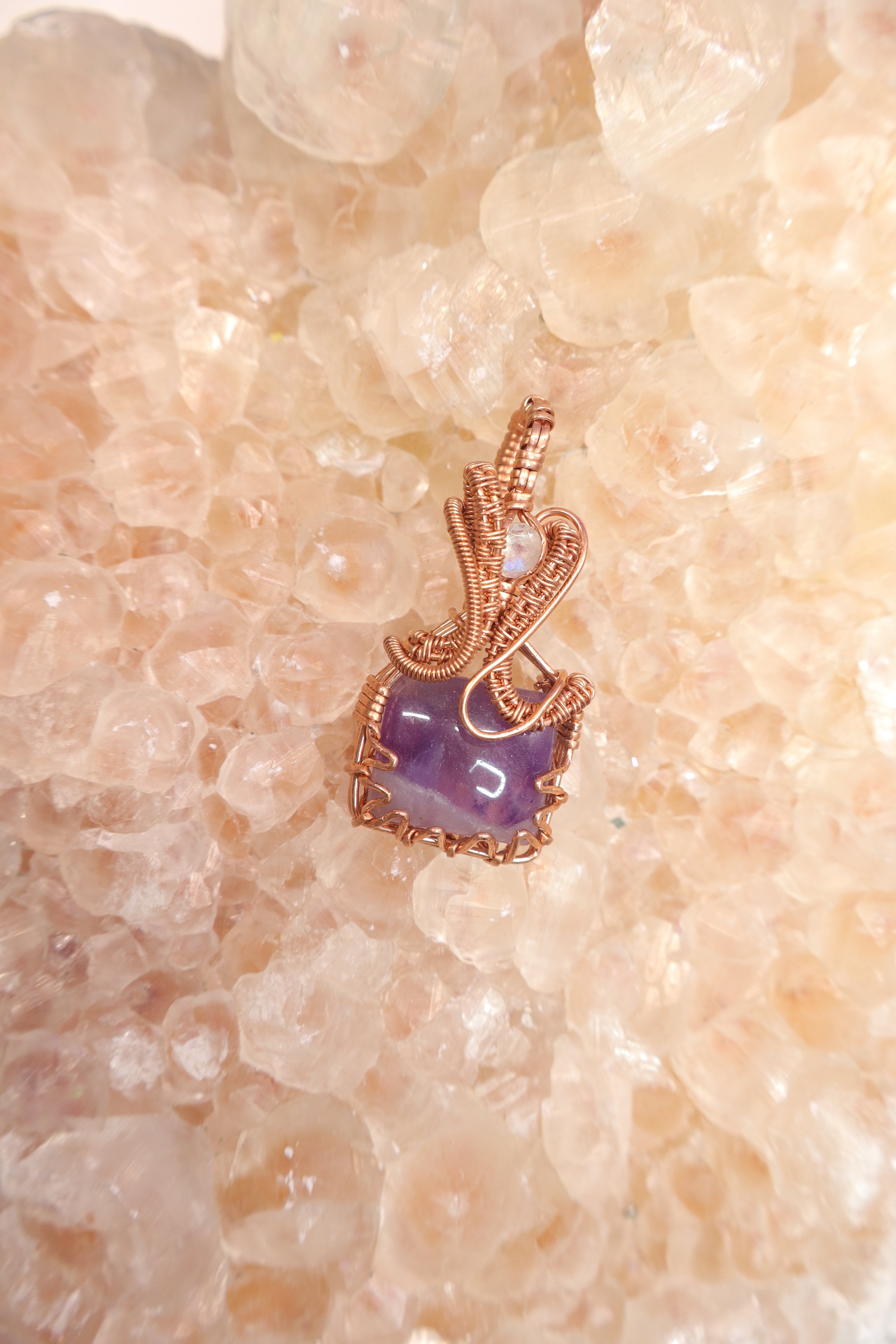 Wire Wrapped Amethyst and Moonstone Faceted Accent Stone In Copper