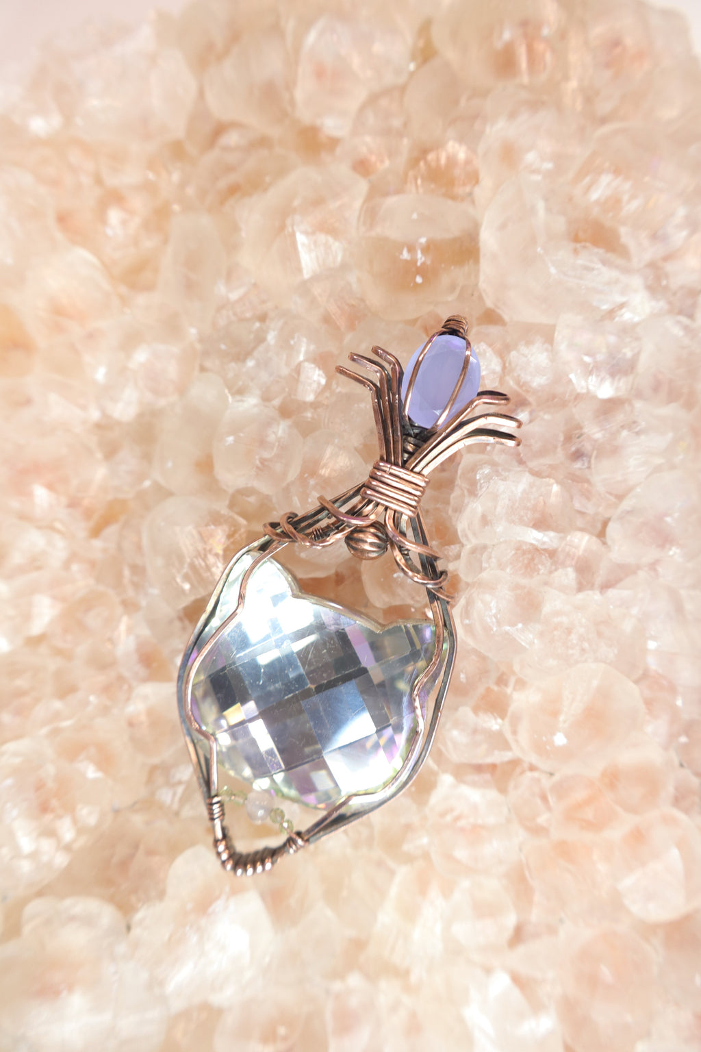 Wire Wrapped Kitty Head Glass Rhinestone and Blue Purple Glass Accent Stone In Copper