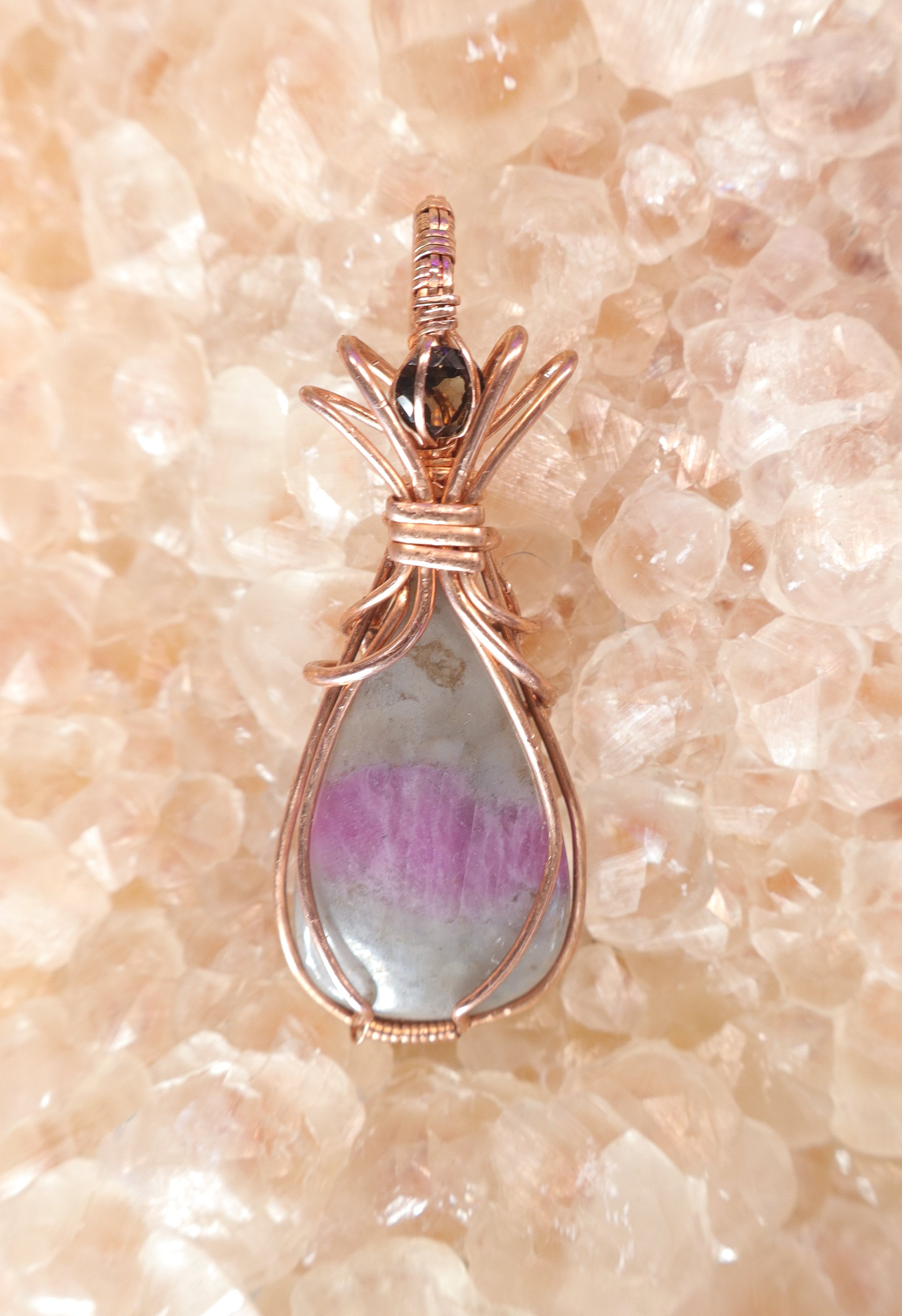 Wire Wrapped Ruby in Quartz and Smokey Quartz Faceted Accent Stone In Copper