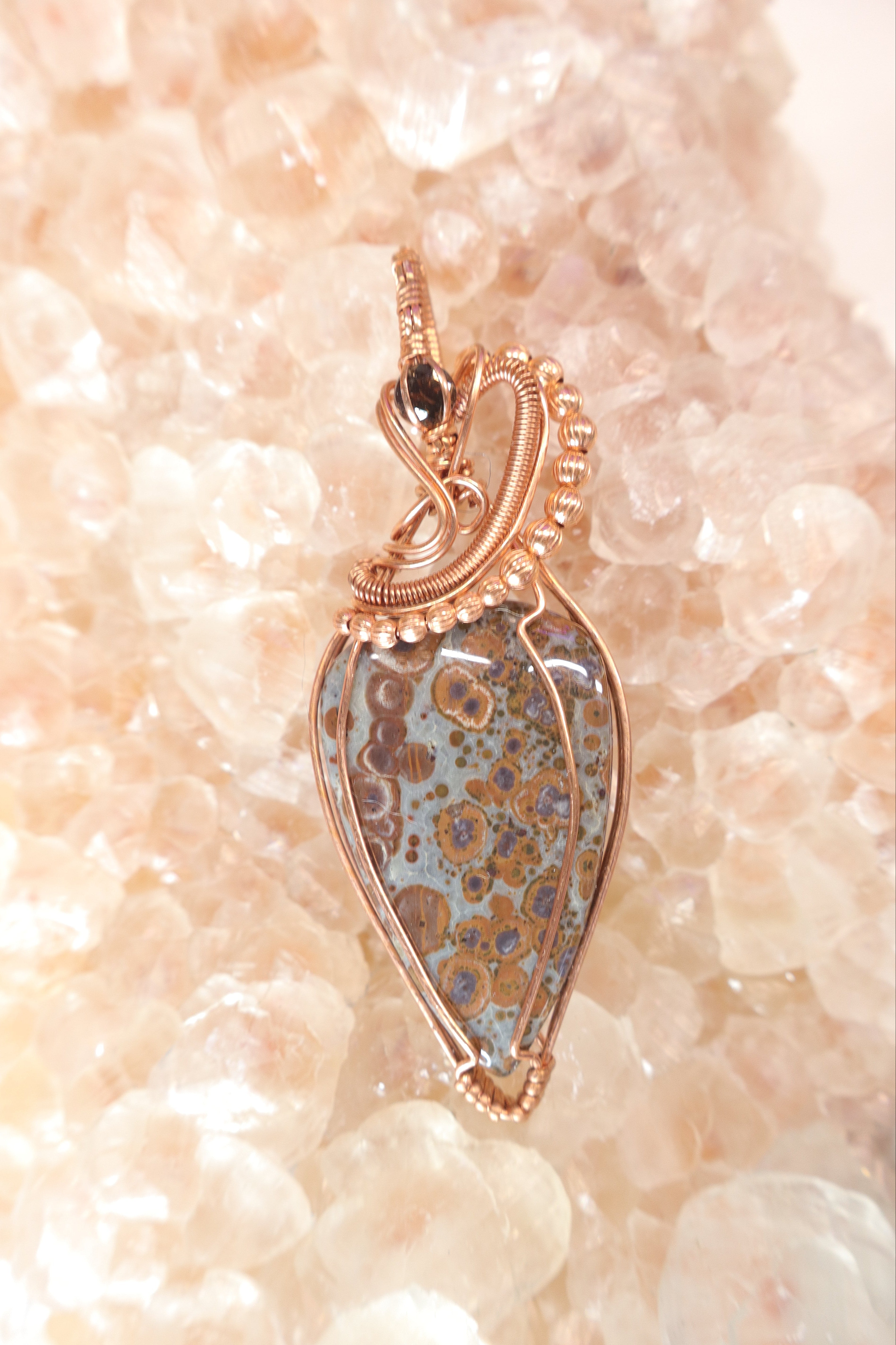 Wire Wrapped Asteroid Jasper and Smokey Topaz Faceted Accent Stone In Copper