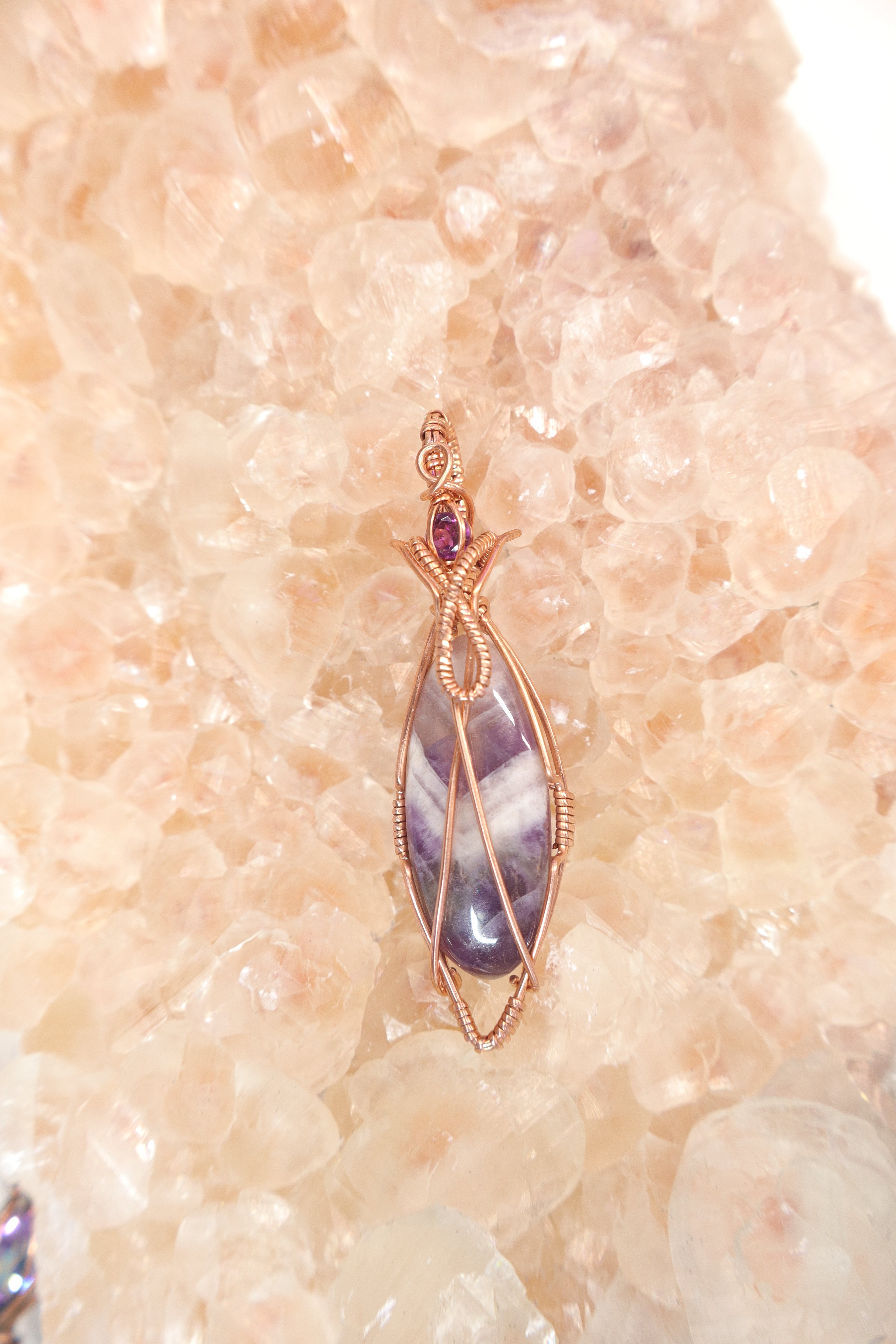 Wire Wrapped Chevron Amethyst and Rhodonite Faceted Accent Stone In Copper