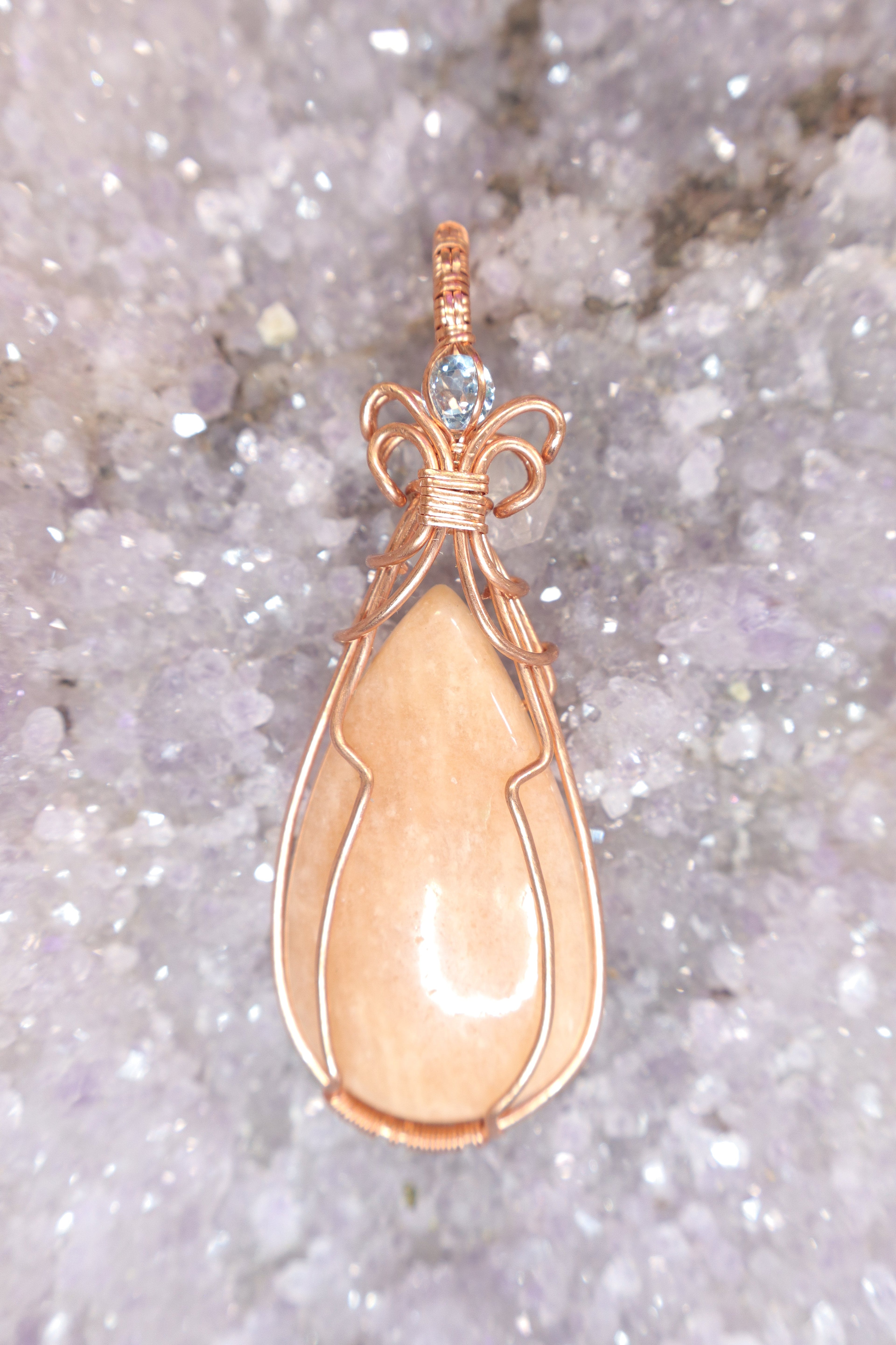 Wire Wrapped Peach Amazonite and Blue Topaz Accent Stone In Copper