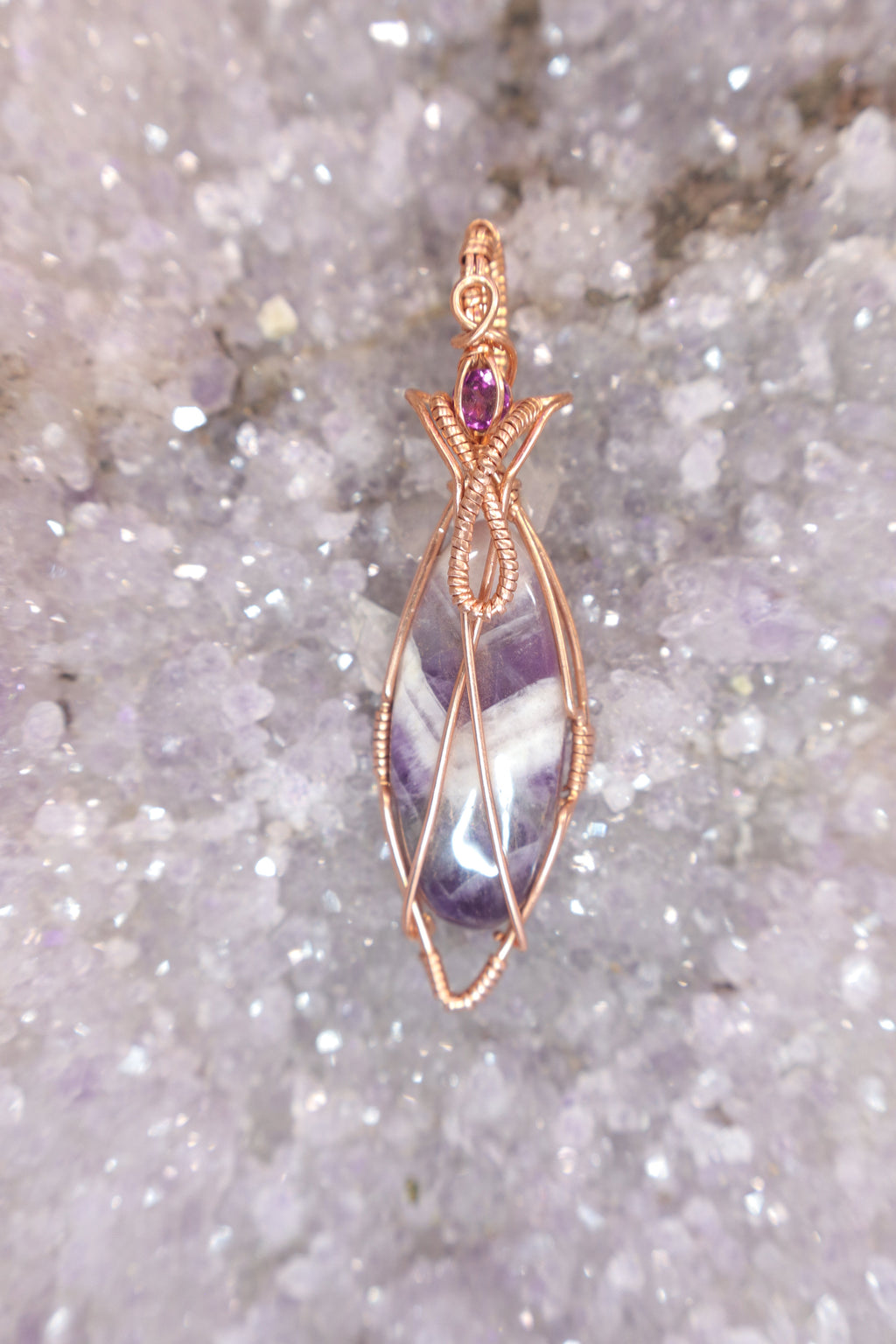 Wire Wrapped Chevron Amethyst and Rhodonite Faceted Accent Stone In Copper