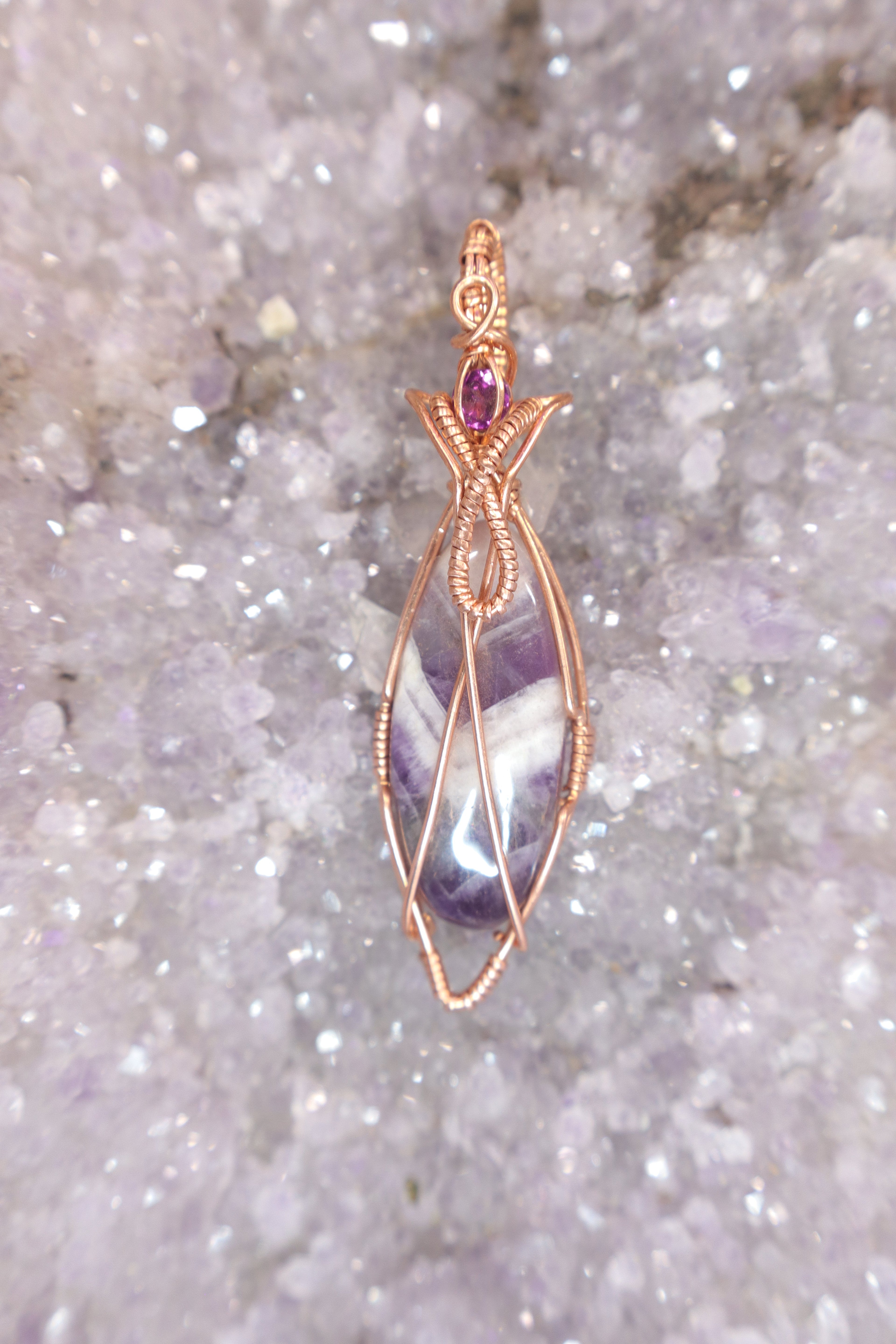 Wire Wrapped Chevron Amethyst and Rhodonite Faceted Accent Stone In Copper