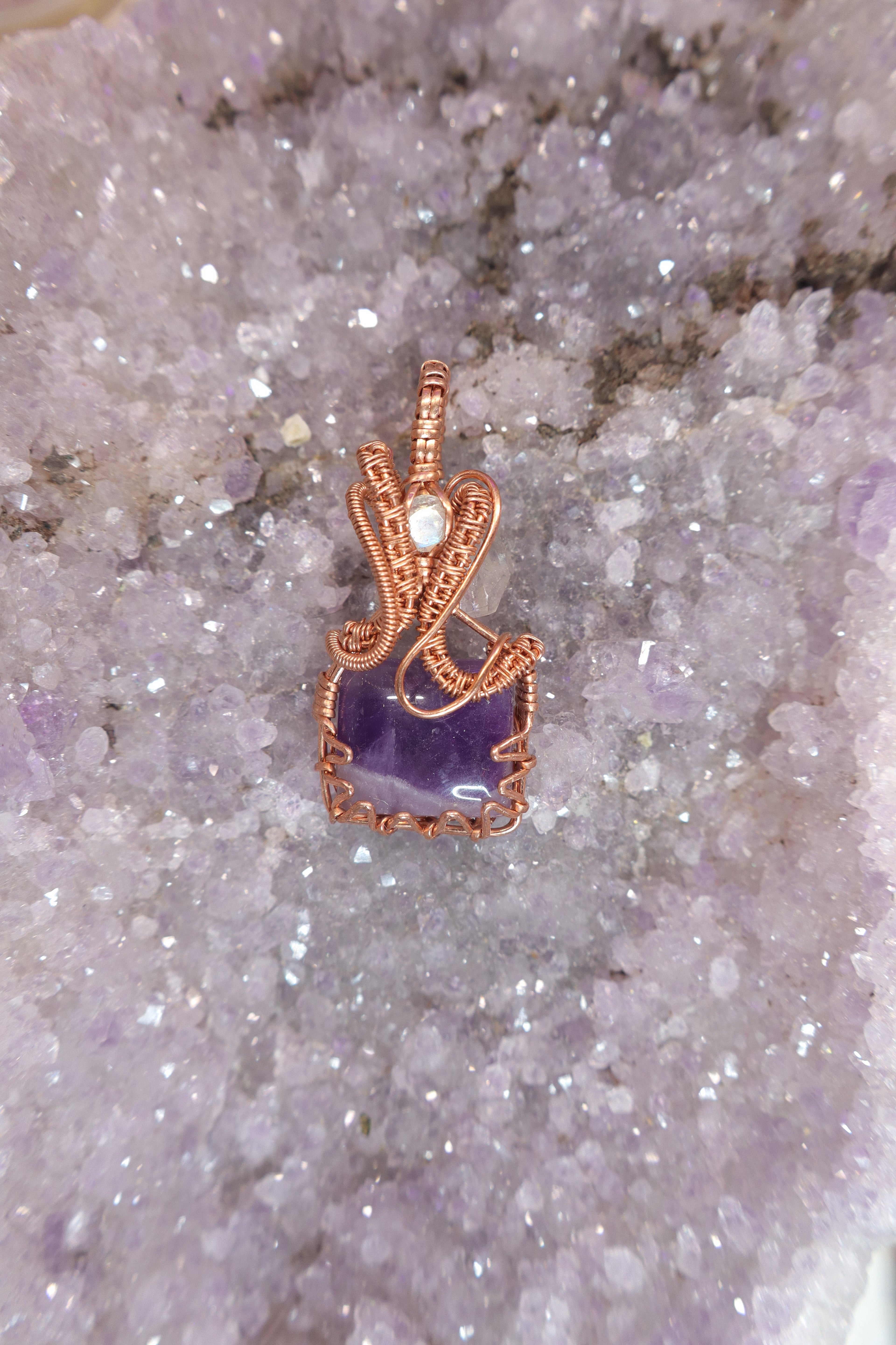 Wire Wrapped Amethyst and Moonstone Faceted Accent Stone In Copper