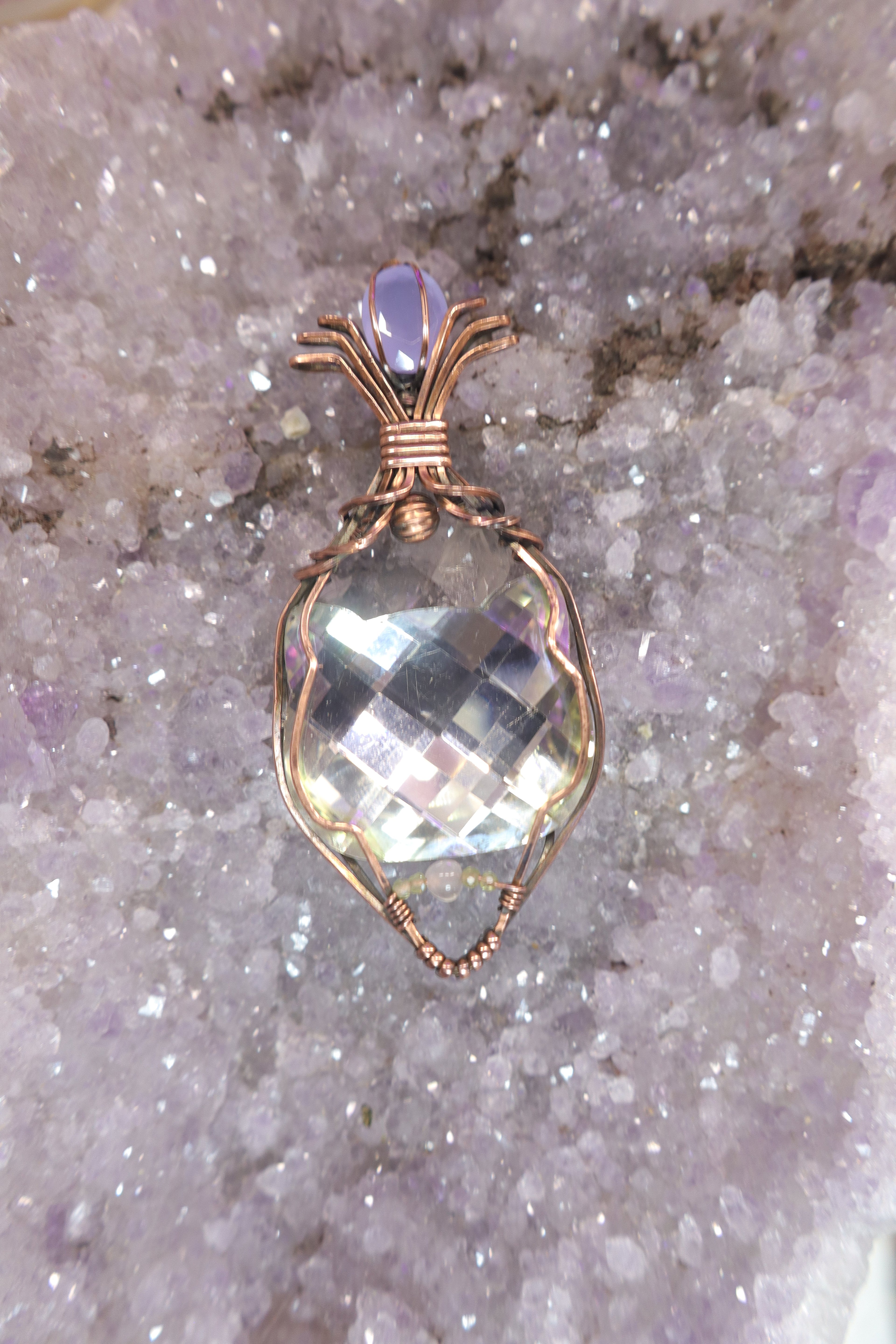 Wire Wrapped Kitty Head Glass Rhinestone and Blue Purple Glass Accent Stone In Copper