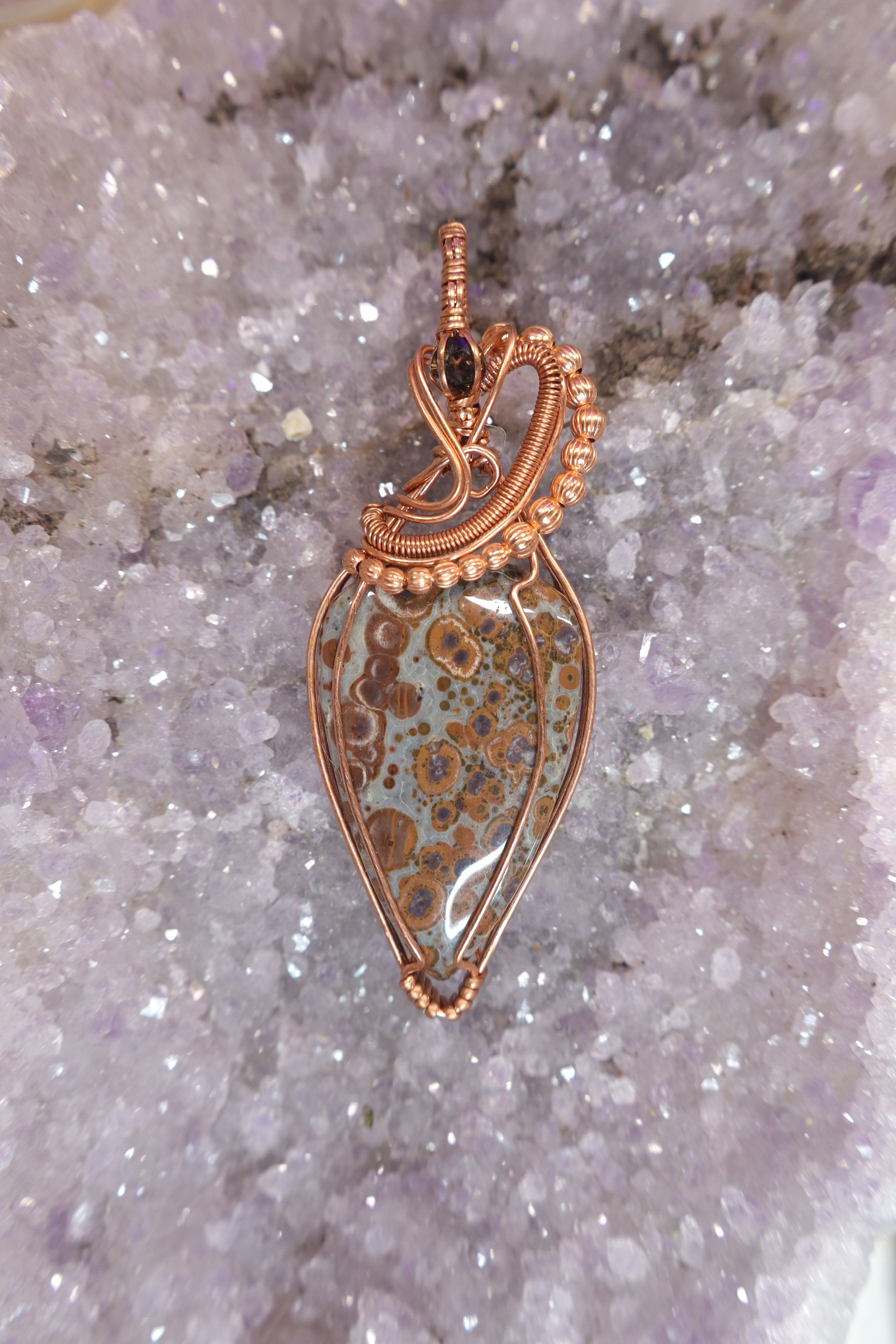 Wire Wrapped Asteroid Jasper and Smokey Topaz Faceted Accent Stone In Copper