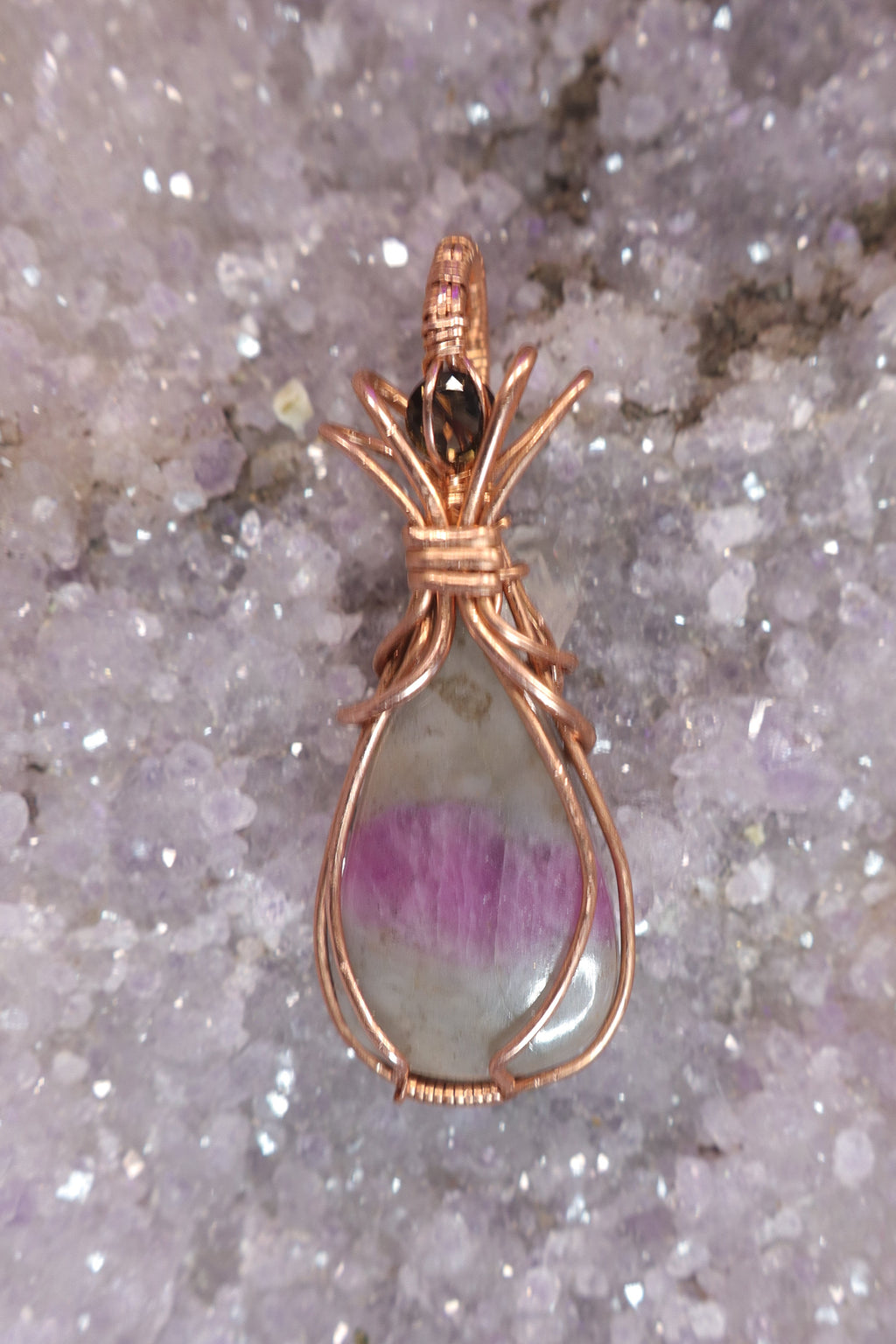 Wire Wrapped Ruby in Quartz and Smokey Quartz Faceted Accent Stone In Copper