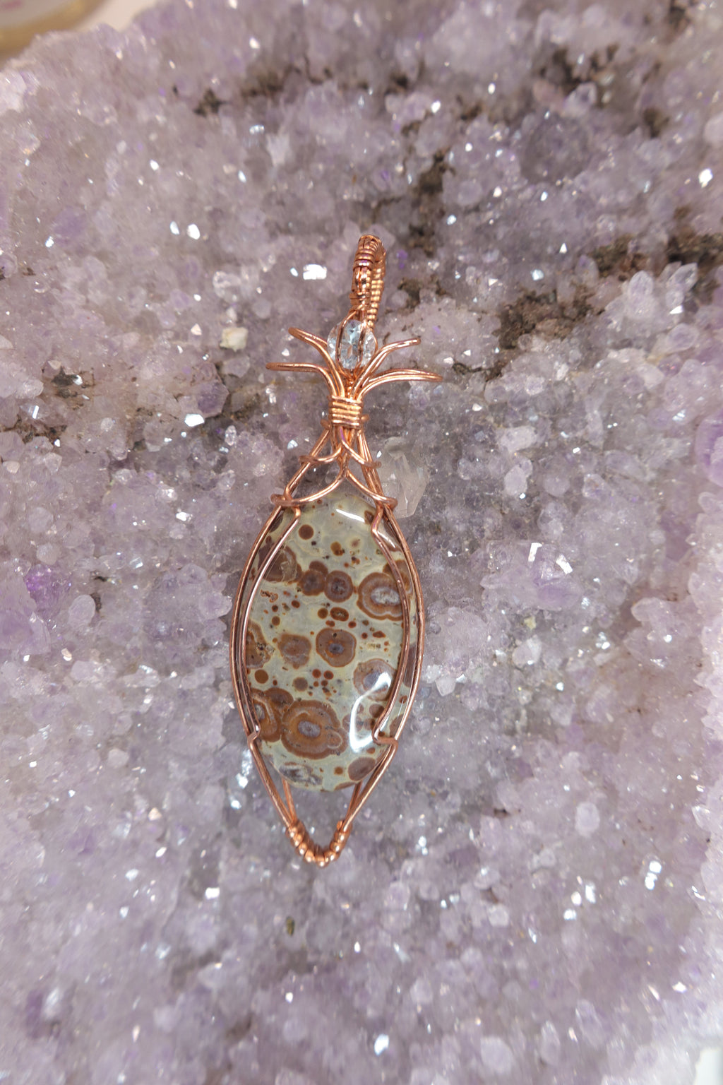 Wire Wrapped Asteroid Jasper and Blue Topaz Faceted Accent Stone In Copper
