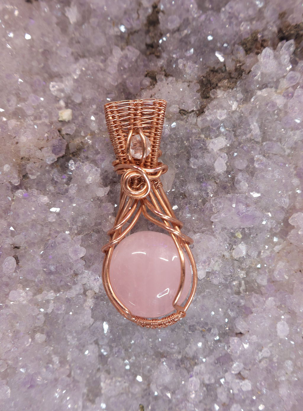 Wire Wrapped Rose Quartz and Clear Quartz Faceted Accent Stone In Copper